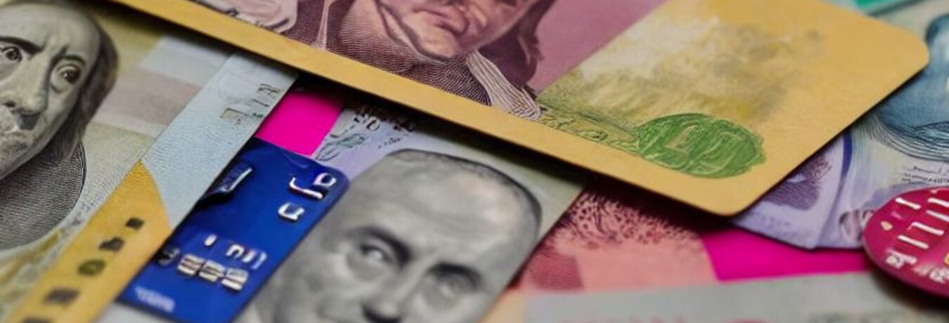 Geld im Ausland abheben - abstraktes Bild mit Geldscheinen und einer Kreditkarte